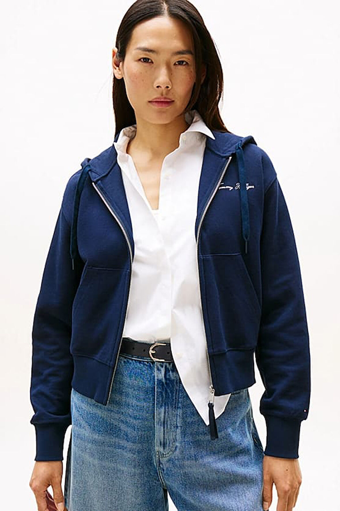 Kadın Tam Kalıp Fermuarlı Kapüşonlu Pike Sweatshirt - Lacivert | L