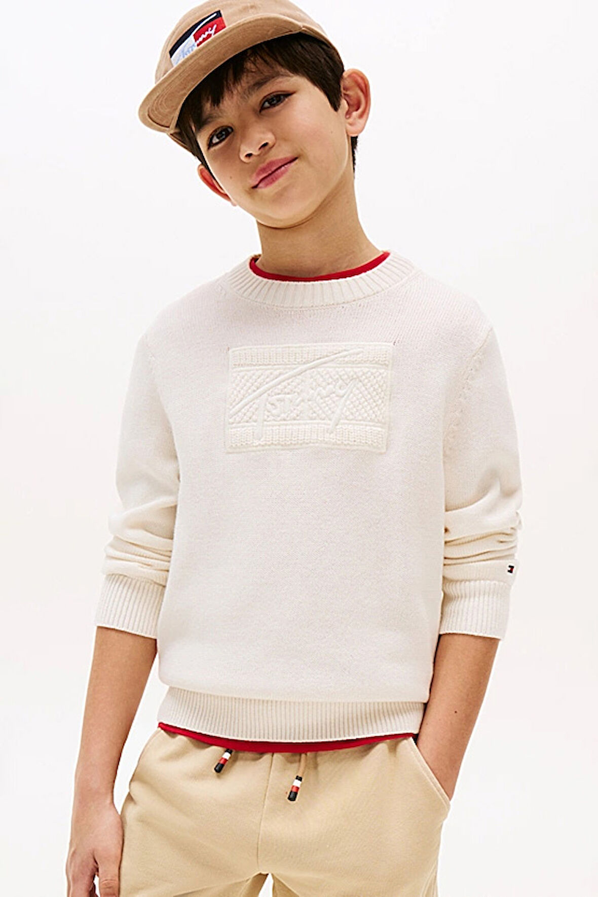 Erkek Çocuk Bisiklet Yaka Göğsü Kabartma Desenli Triko Kazak - Krem | 8 Yaş