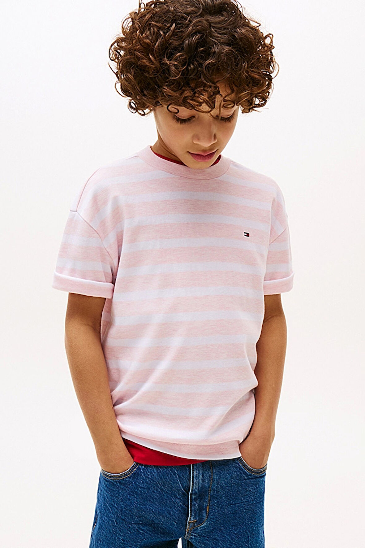 Erkek Çocuk Rahat Kesim Çizgili T-Shirt - Pembe | 8 Yaş