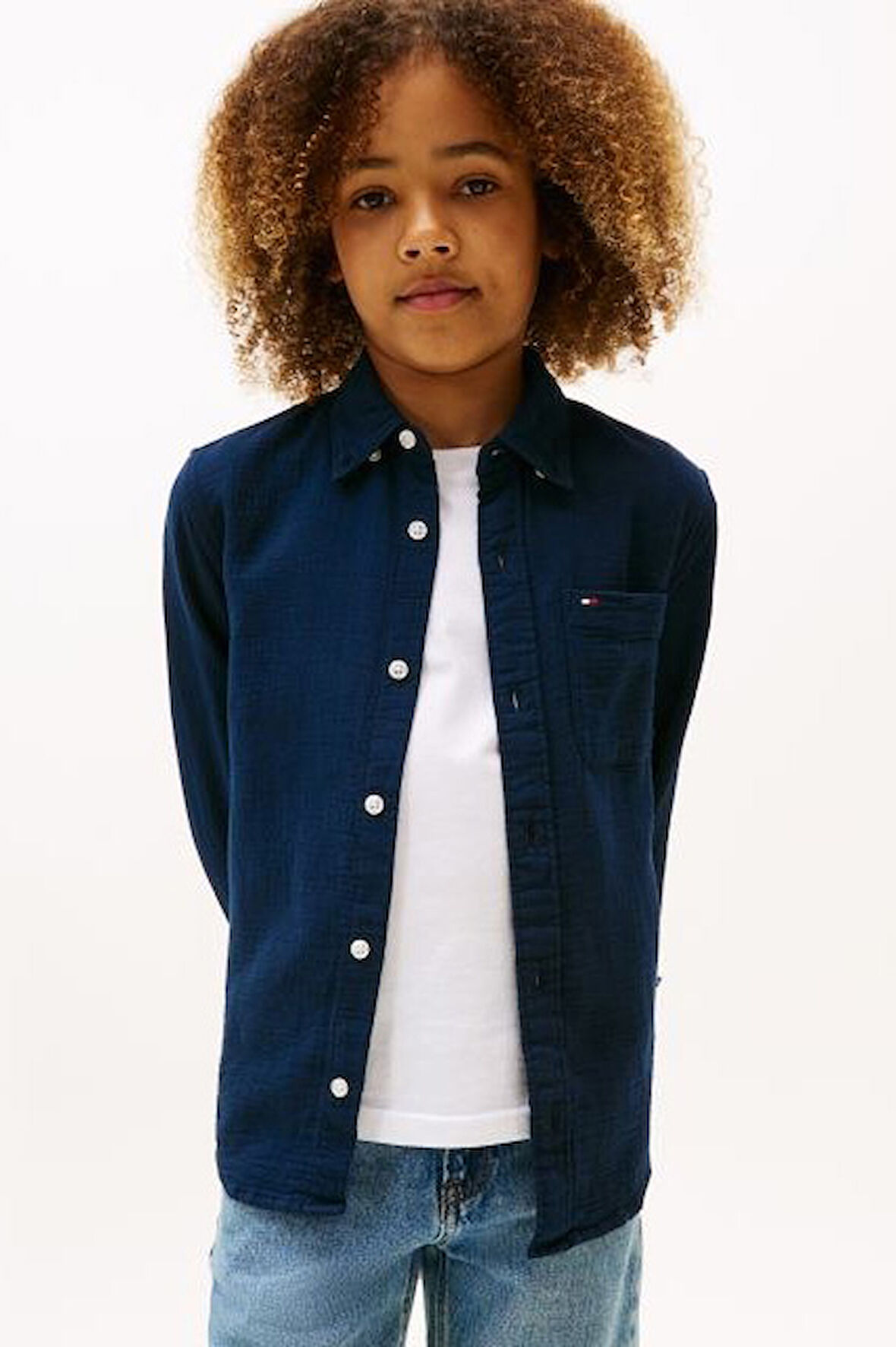 Erkek Çocuk Dokulu Pamuklu Gömlek - Lacivert | 14 Yaş