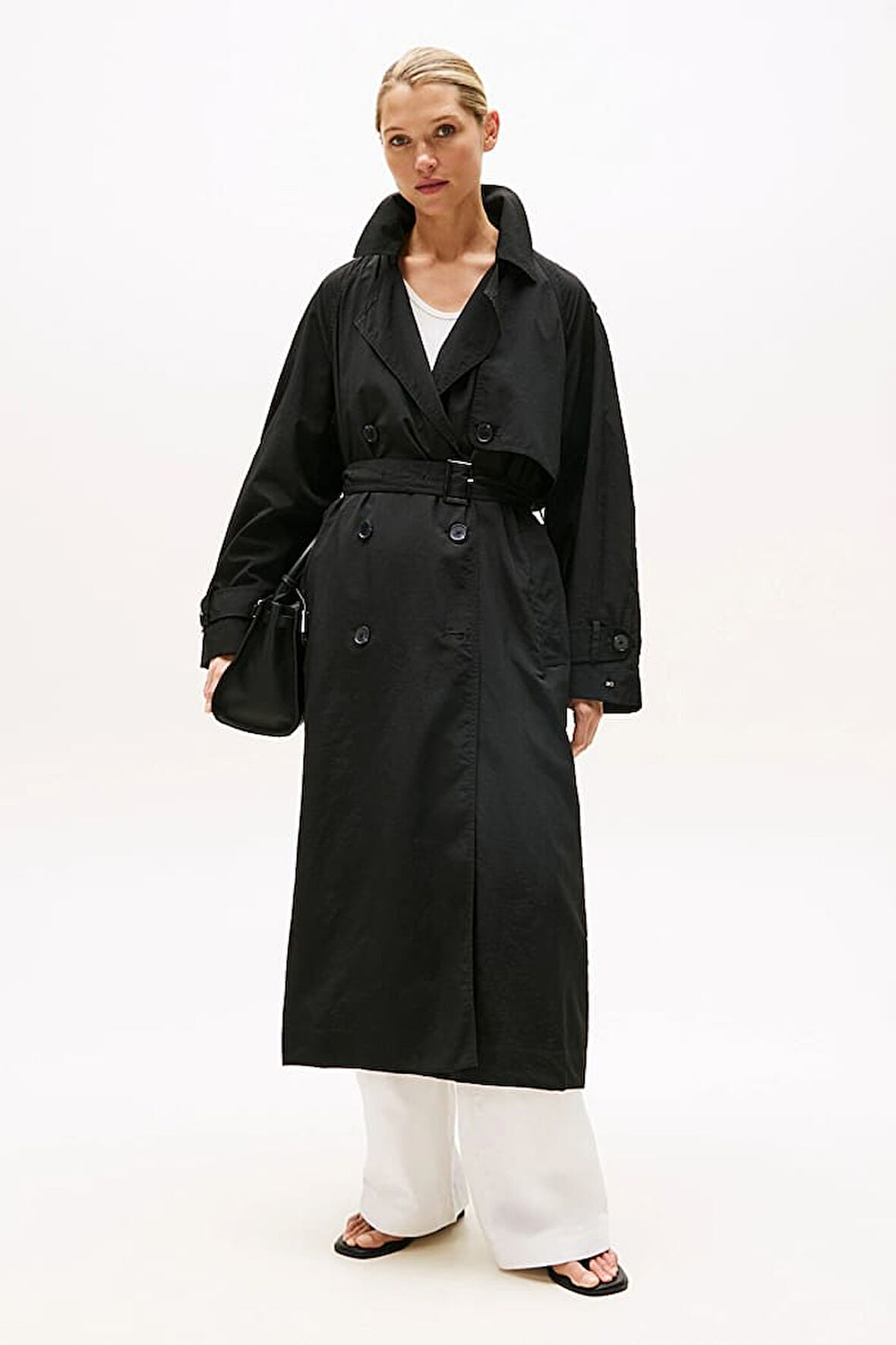 Kadın Oversize Fit Kemerli Trençkot - Siyah | XS-S