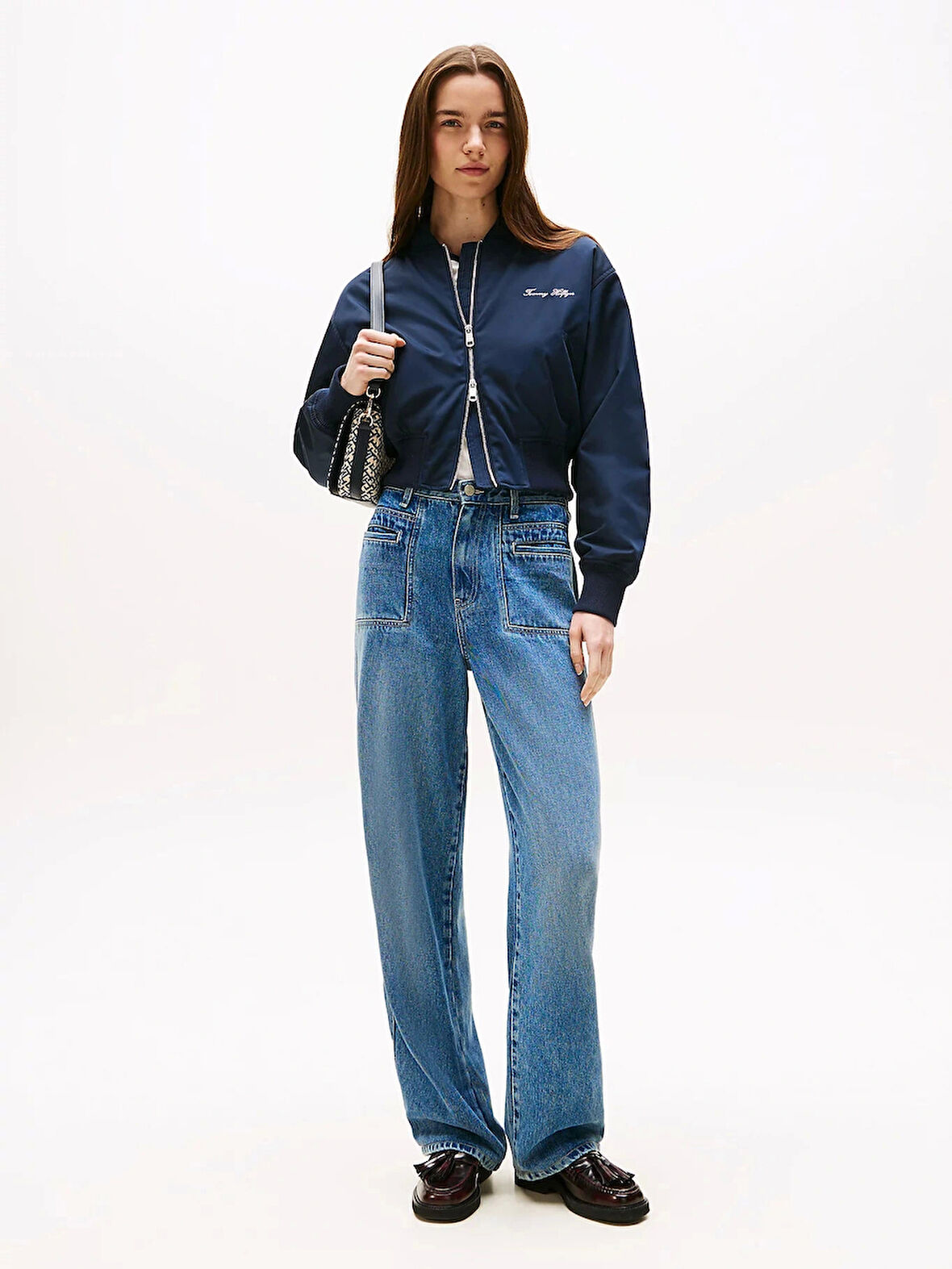 Tommy Hilfiger Kadın Naylon Normal Kesim Kısa Mavi Bomber  Ceket WW0WW45634C1G