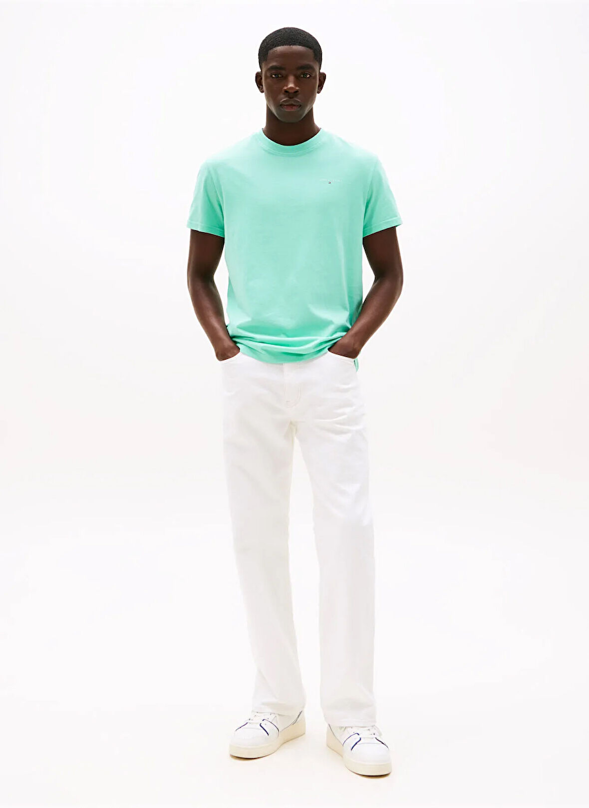 Tommy Jeans Bisiklet Yaka Düz Su Yeşili Erkek T-Shirt DM0DM21780L61 TJM SLIM LINEAR CHEST