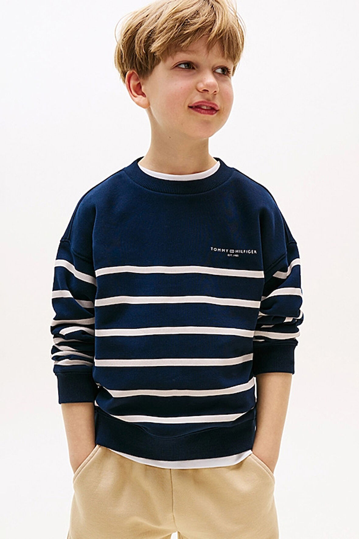Unisex Çocuk Çizgili ve Logo Nakışlı Sweatshirt - Lacivert/Beyaz | 10 Yaş
