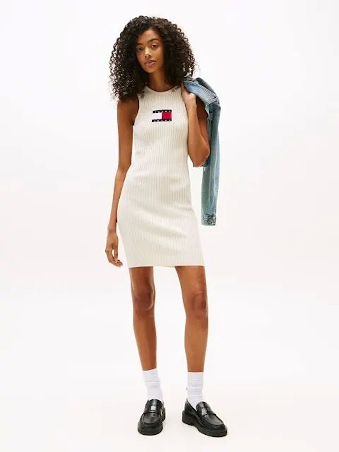 Tommy Jeans TJW FLAG SWEATER MINI DRESS EXT Kadın Beyaz Elbise DW0DW20877YBL