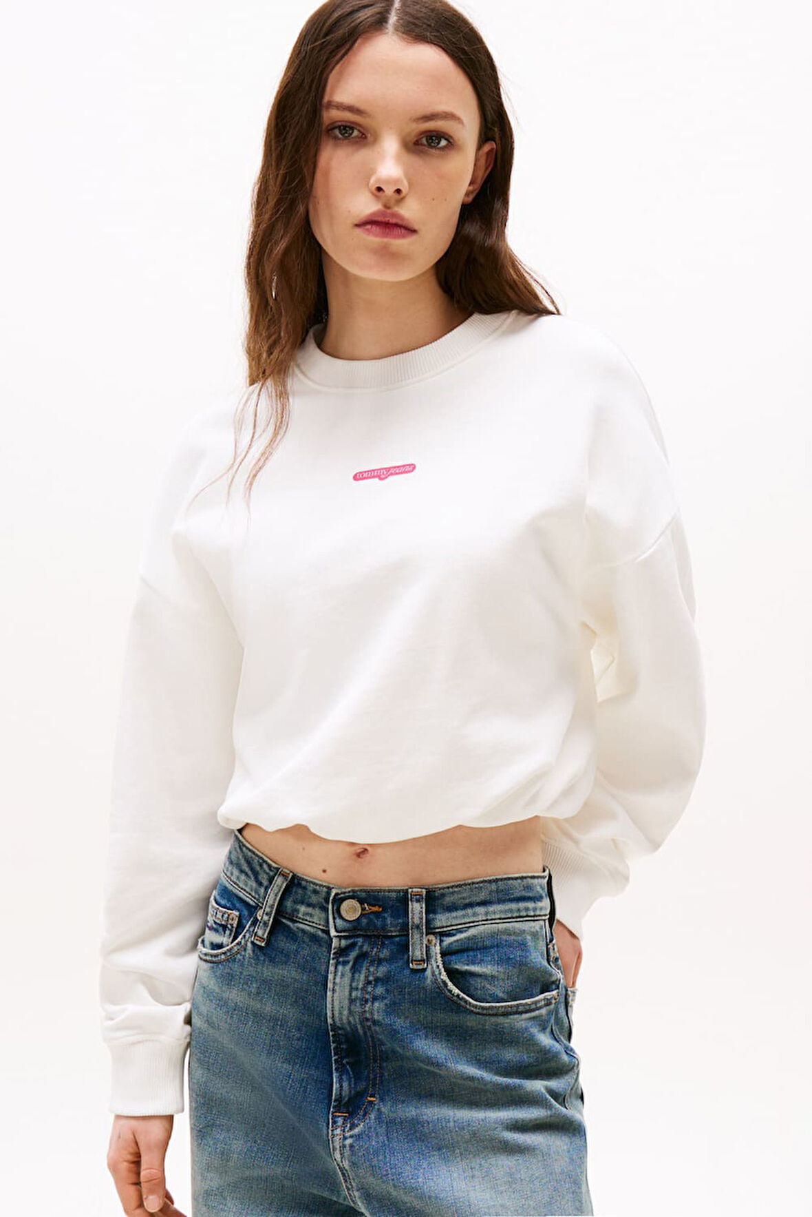 Kadın Crop Script Logolu Sweatshirt - Ekru | S