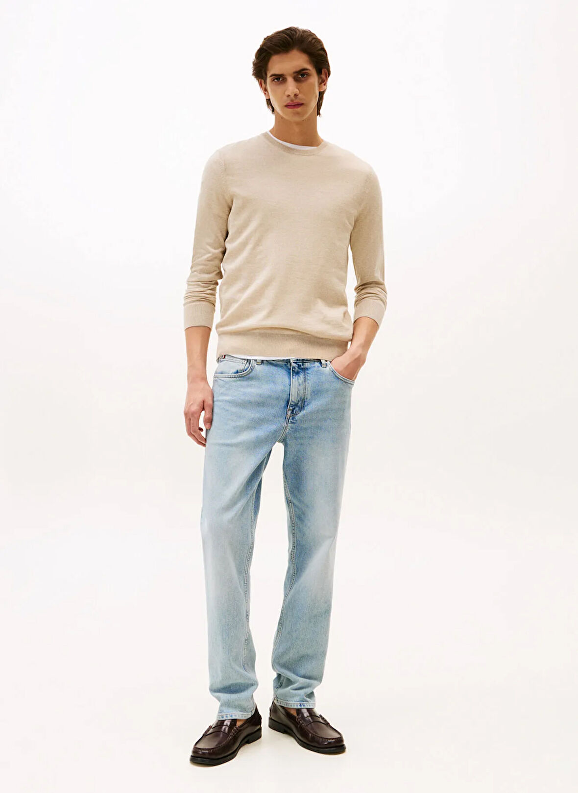 Tommy Hilfiger Bisiklet Yaka Normal Bej Erkek Kazak MW0MW39775HGF_DC FINE MERINO WOOL C