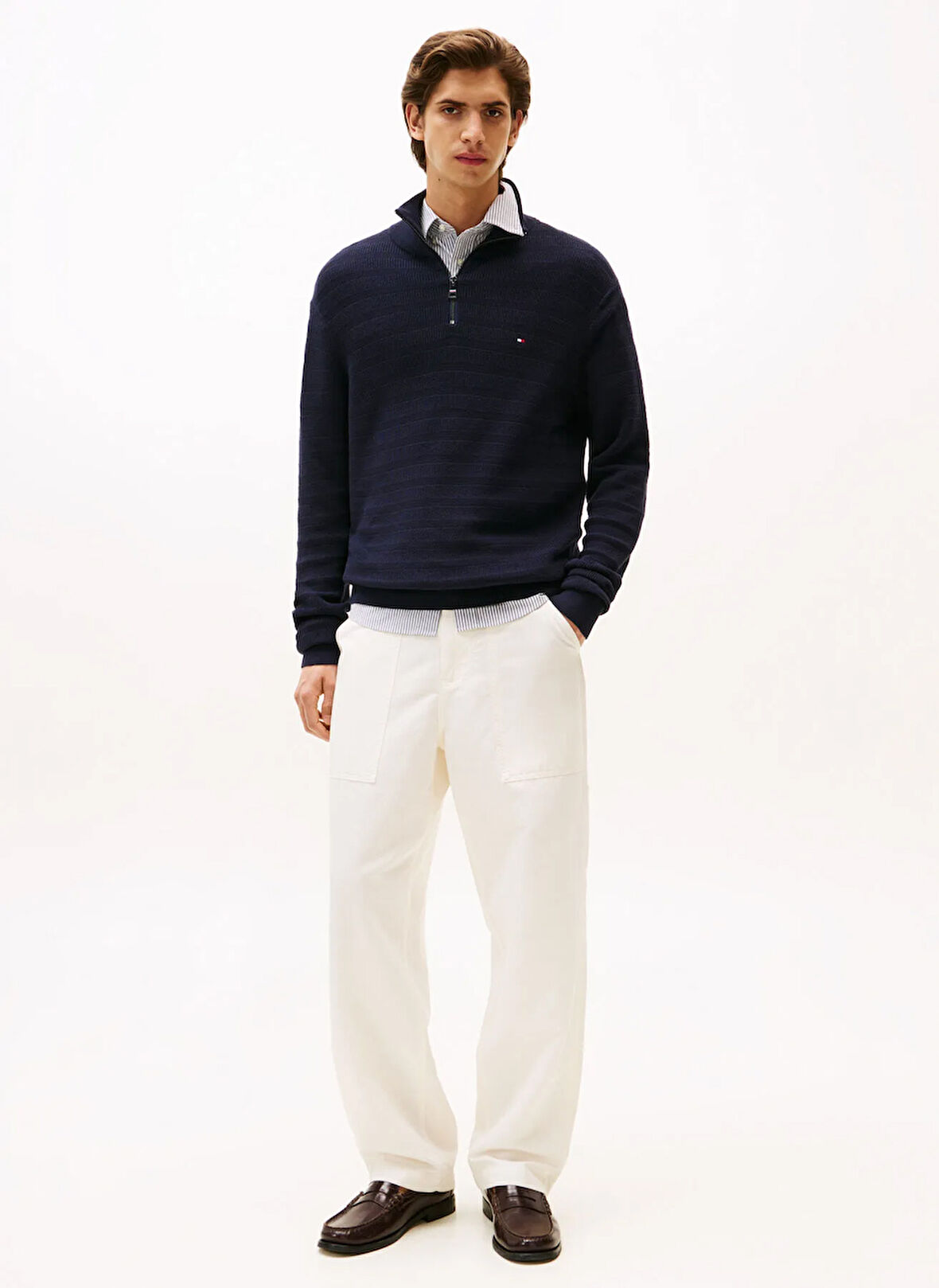 Tommy Hilfiger Bisiklet Yaka Normal Mavi Erkek Kazak MW0MW39536DW5_STRIPE STRUCTURE ZIP