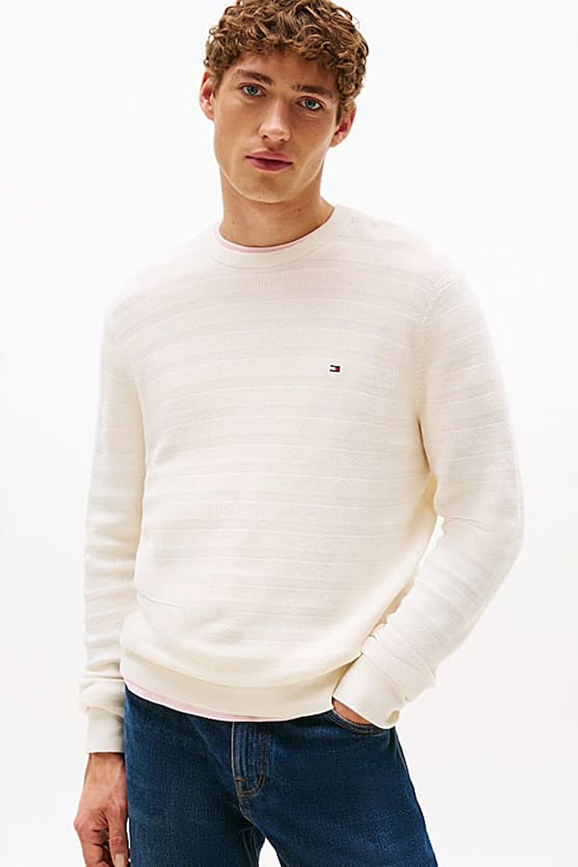 Erkek Dokulu Çizgili Bisiklet Yaka Triko Kazak - Krem | 2XL