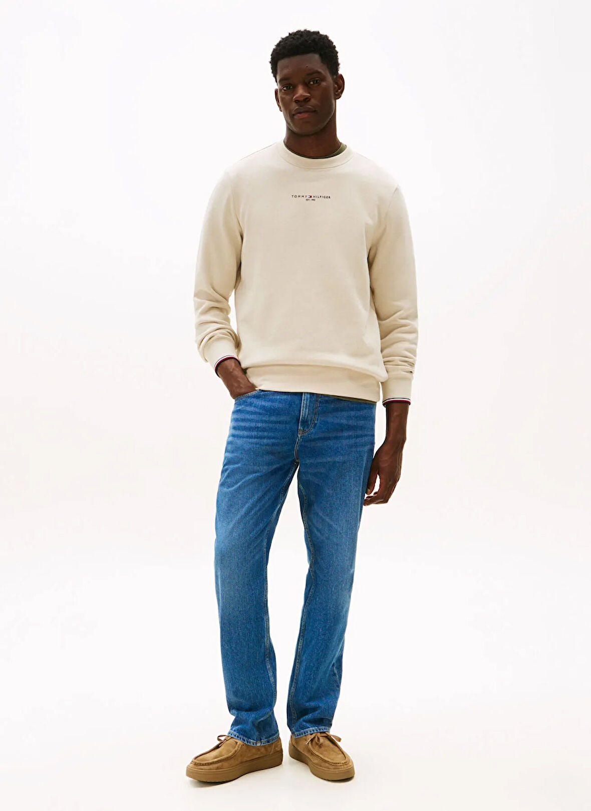 Tommy Hilfiger Bisiklet Yaka Bej Erkek Sweatshırt MW0MW37471ACG_SMALL TOMMY LOGO CREW