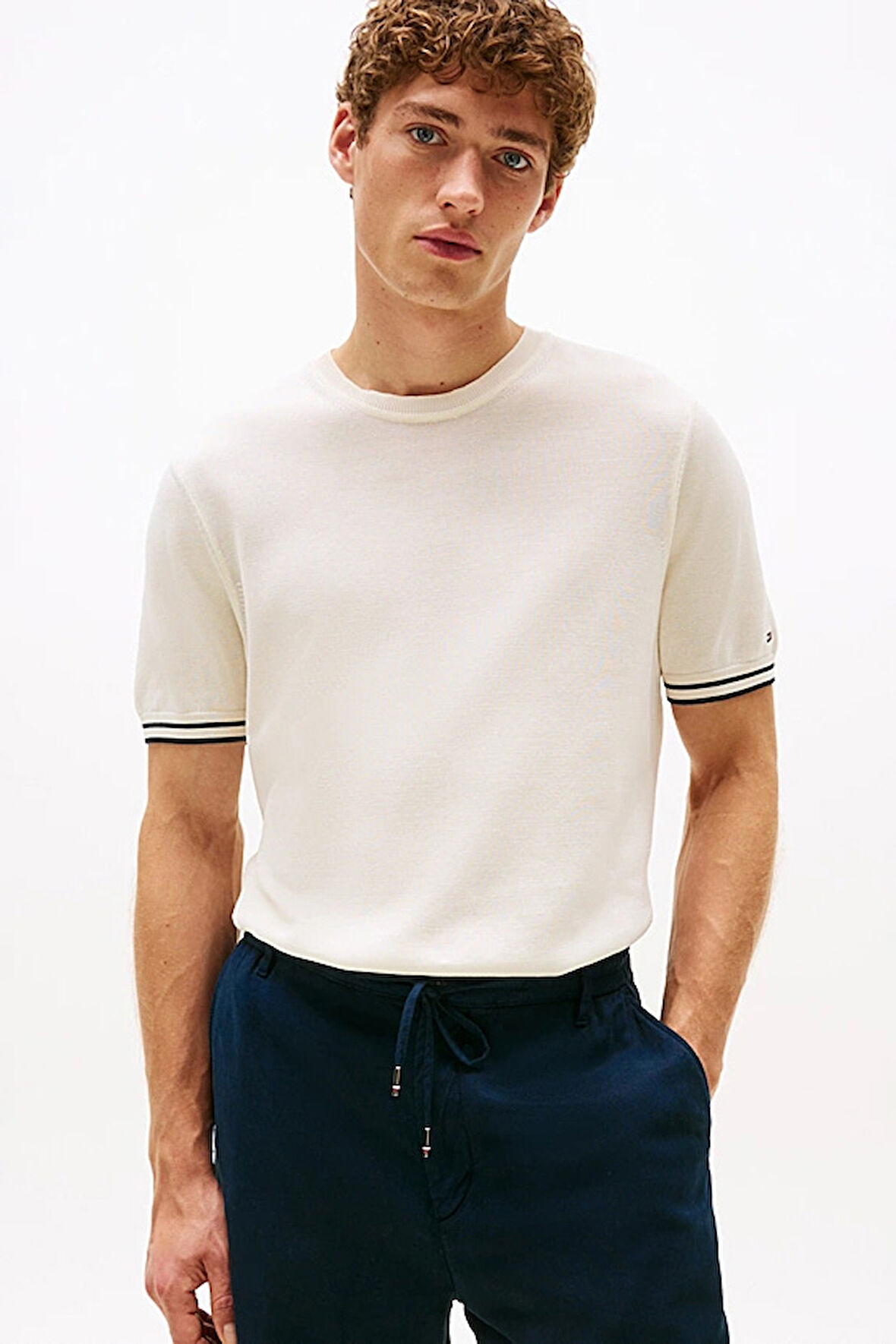 Erkek Kol Ucu Çizgili Kısa Kollu Triko T-Shirt - Krem | S