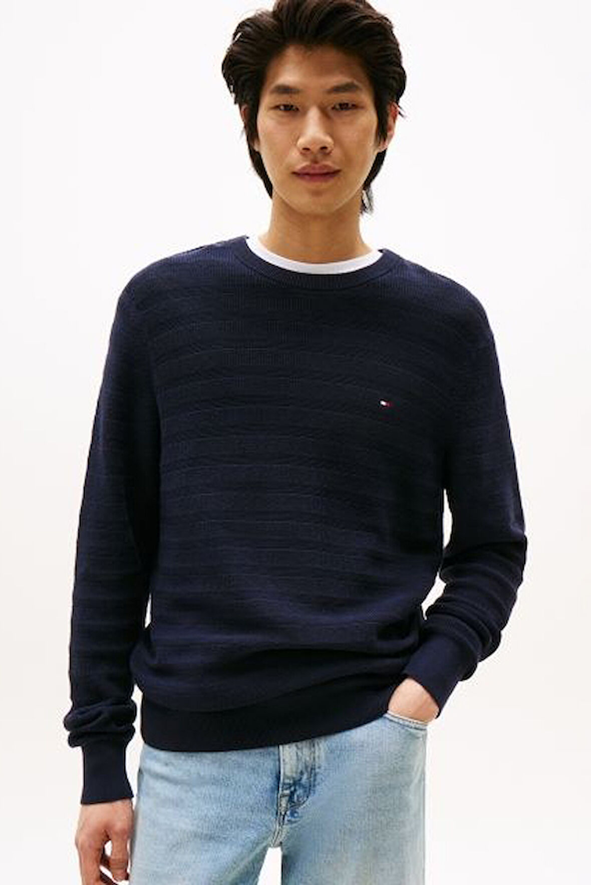 Erkek Dokulu Çizgili Bisiklet Yaka Triko Kazak - Lacivert | S