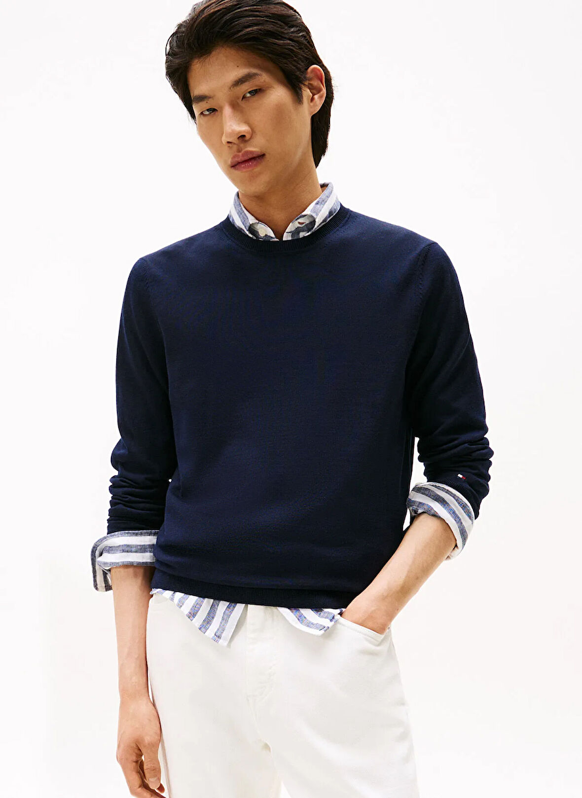 Tommy Hilfiger Bisiklet Yaka Normal Mavi Erkek Kazak MW0MW39775DW5_DC FINE MERINO WOOL C