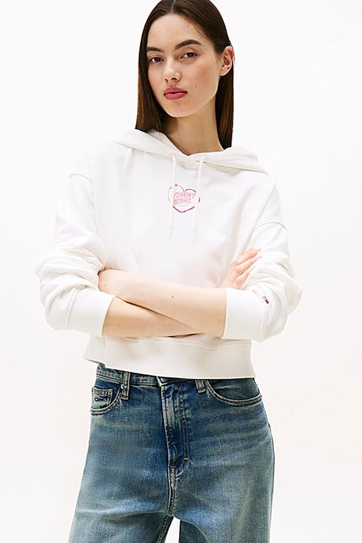 Kadın Relaxed Fit Sırtı Kalp Baskılı Cropped Sweatshirt - Ekru | S