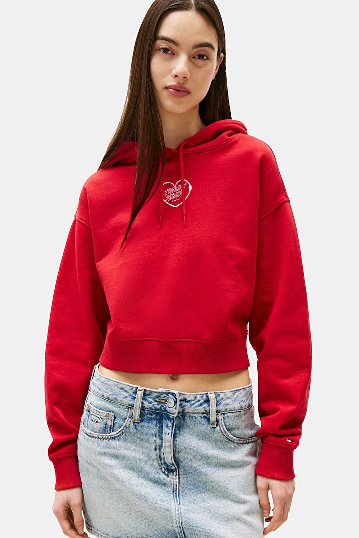 Kadın Relaxed Fit Sırtı Kalp Baskılı Cropped Sweatshirt - Kırmızı | S