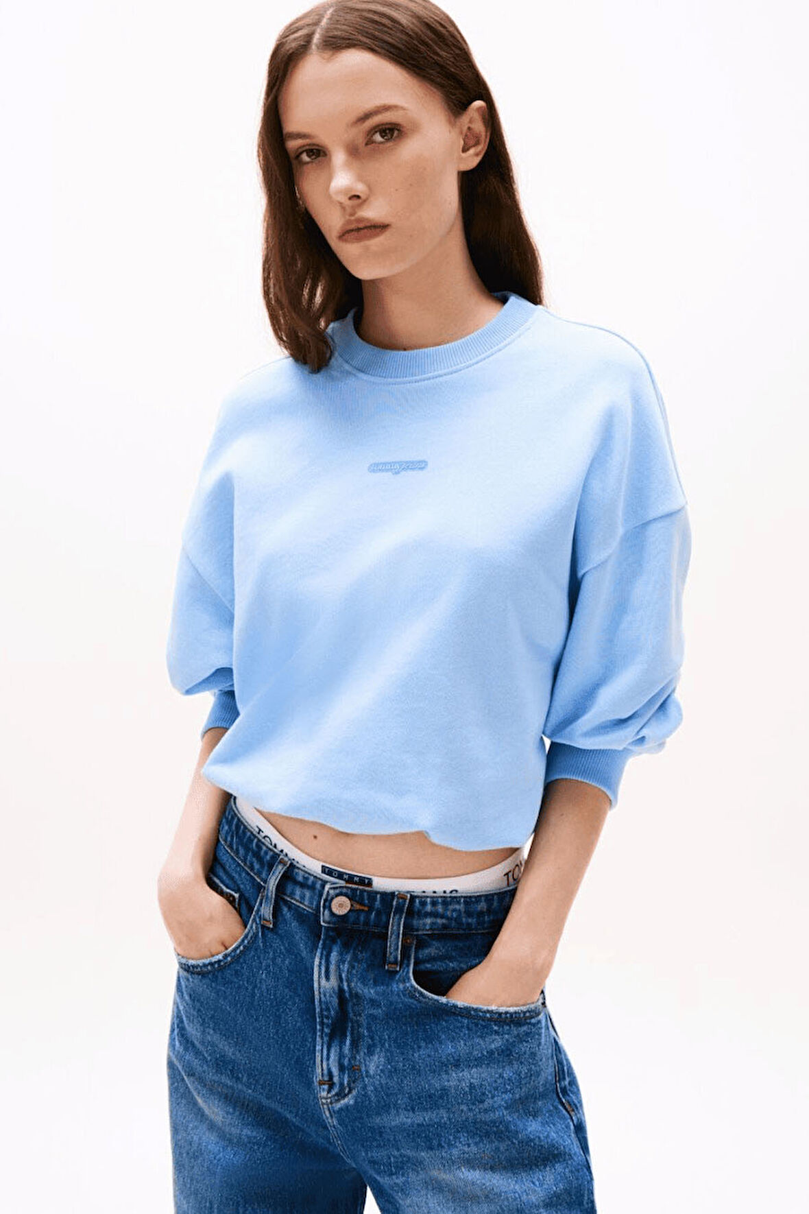 Kadın Crop Script Logolu Sweatshirt - Mavi | M