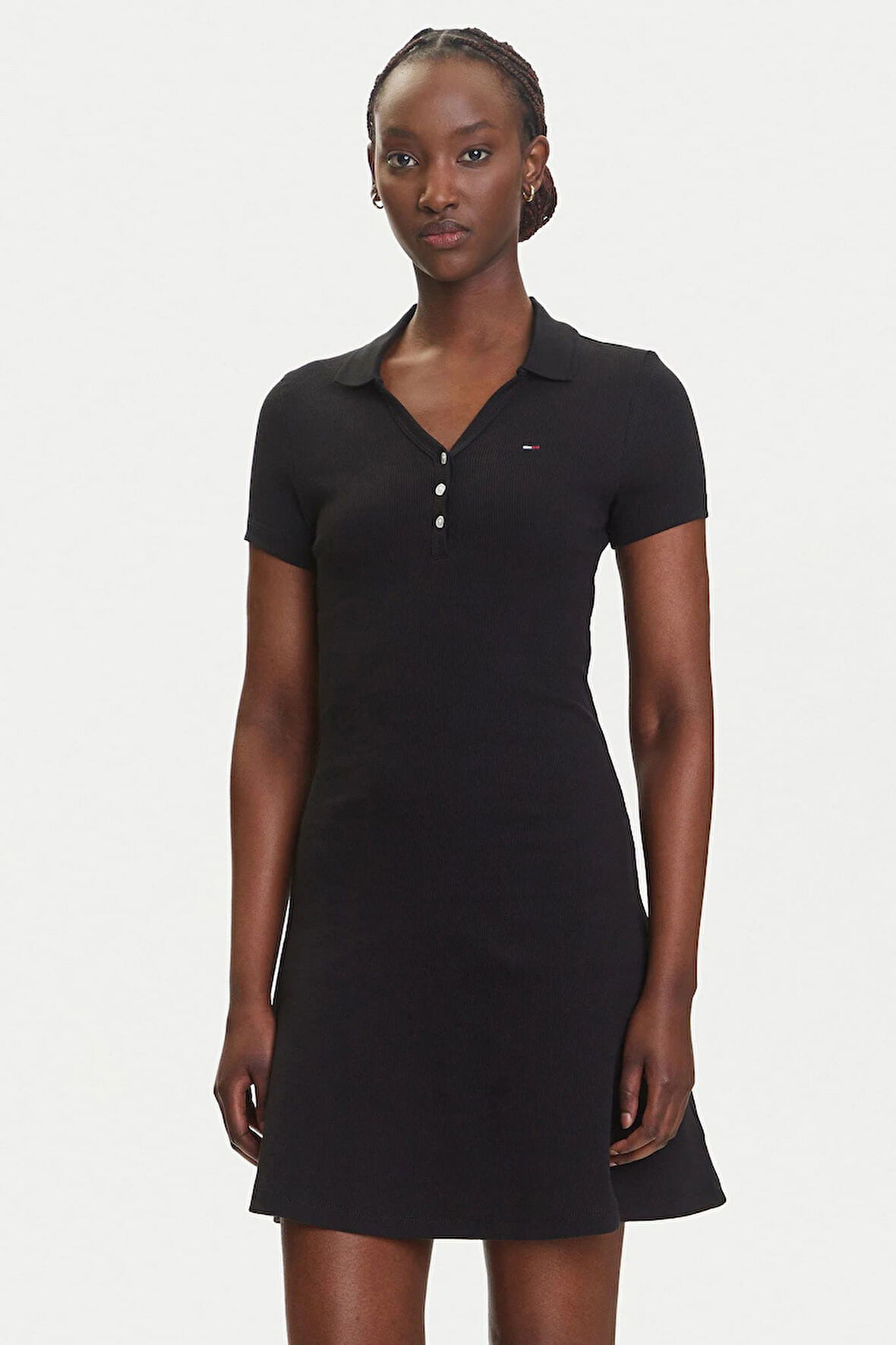 Kadın Polo Yaka Fit & Flare Kesim Fitilli Elbise - Siyah | S