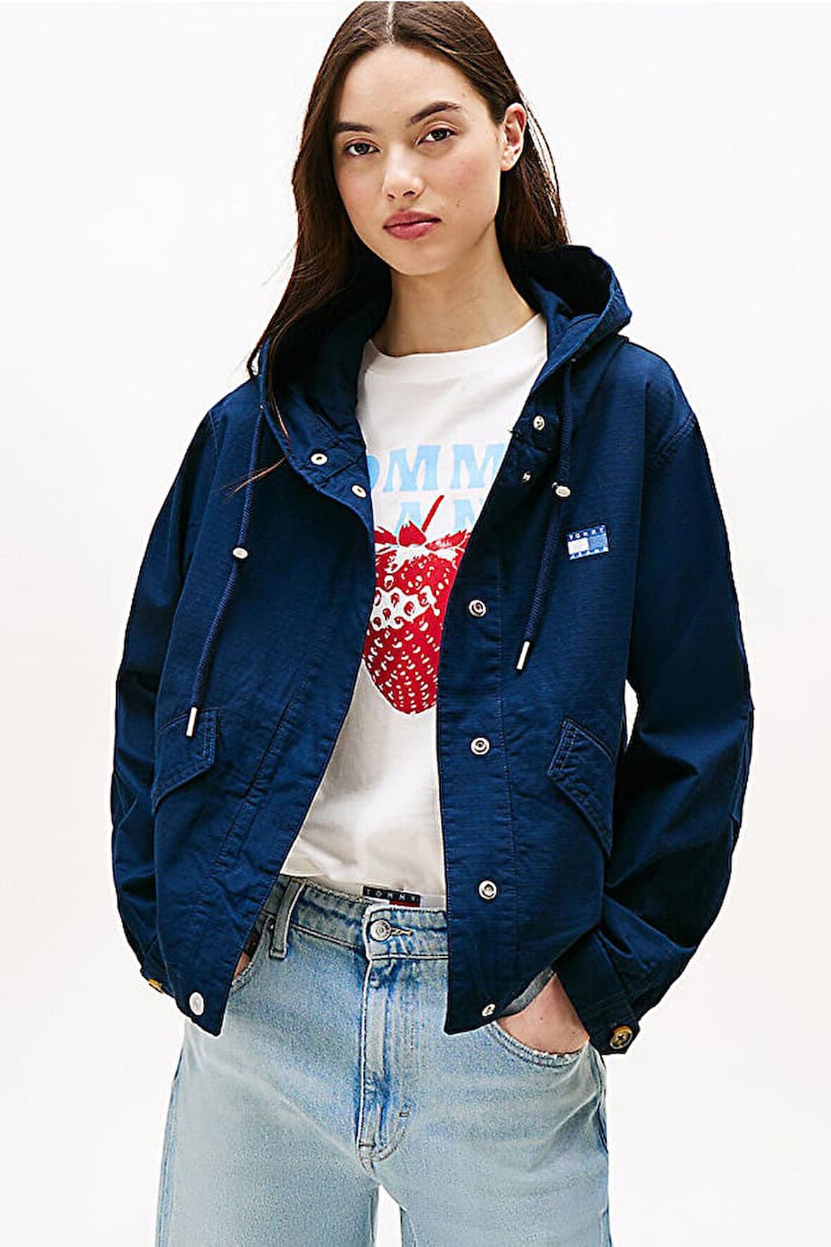 Kadın Kapüşonlu Cepli Cropped Ceket - Lacivert | L