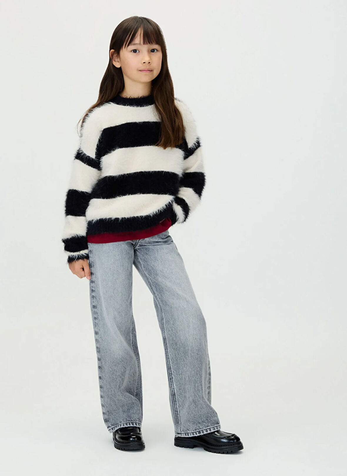 Calvin Klein Bisiklet Yaka Regular Fit Çizgili Ekru Kız Çocuk Kazak IG0IG03025PGB