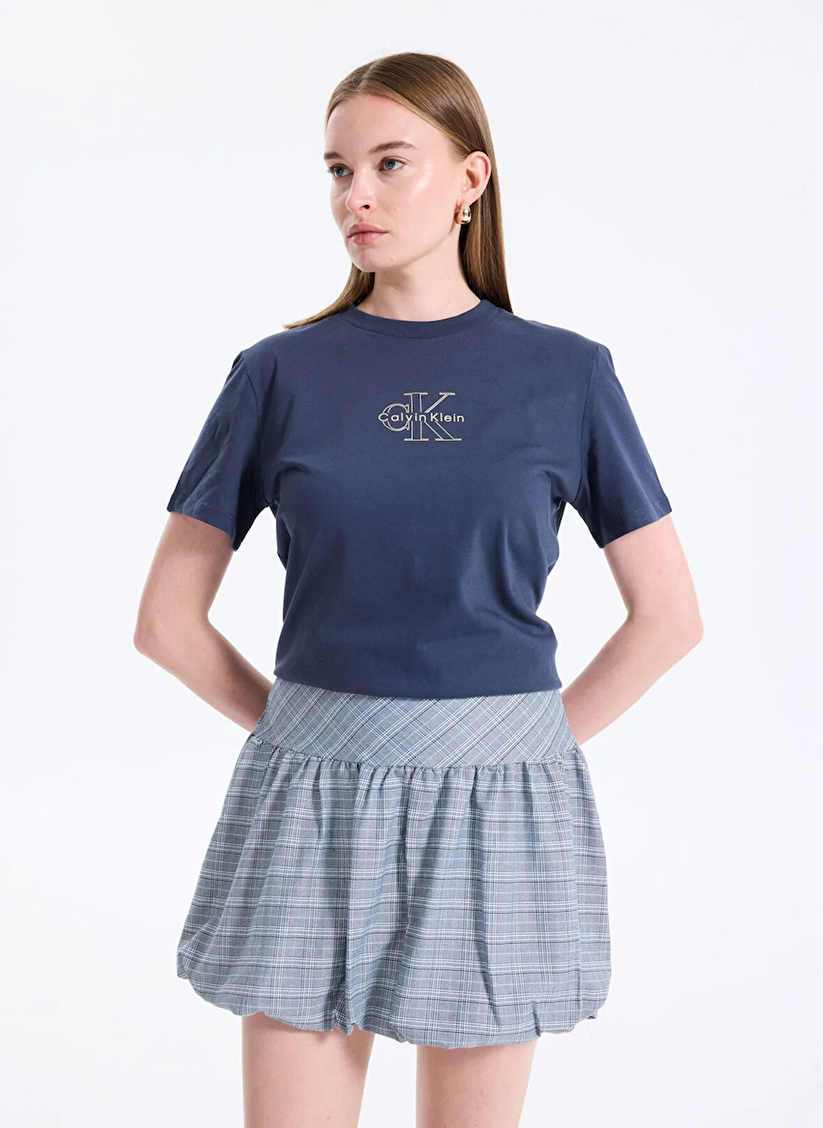 Calvin Klein Jeans Bisiklet Yaka Düz Mavi Kadın T-Shirt LV047D873GVEK