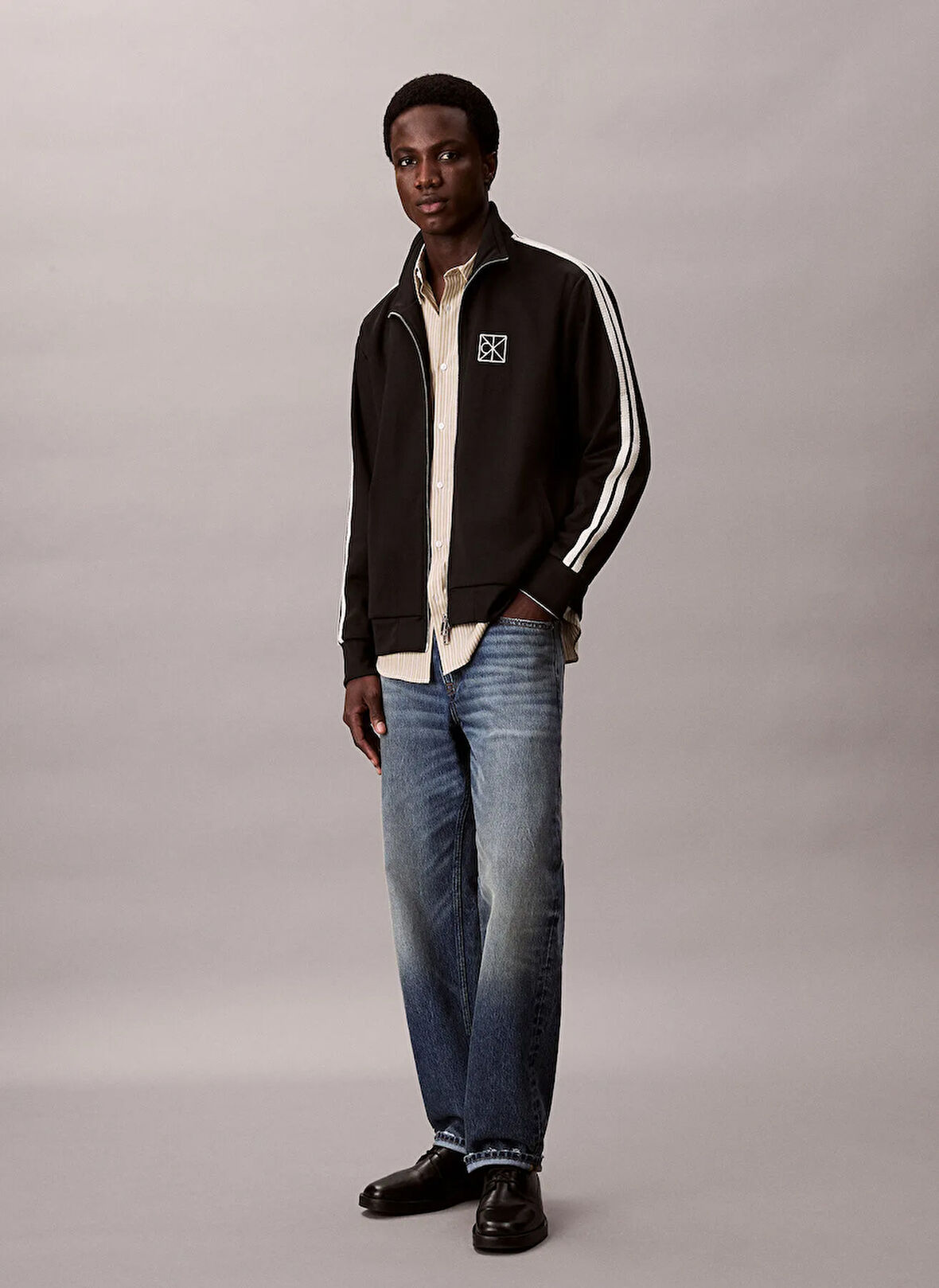 Calvin Klein Dik Yaka Siyah Erkek Sweatshırt LV04LD220GUB1_DBL KNIT STRIPE TRACK