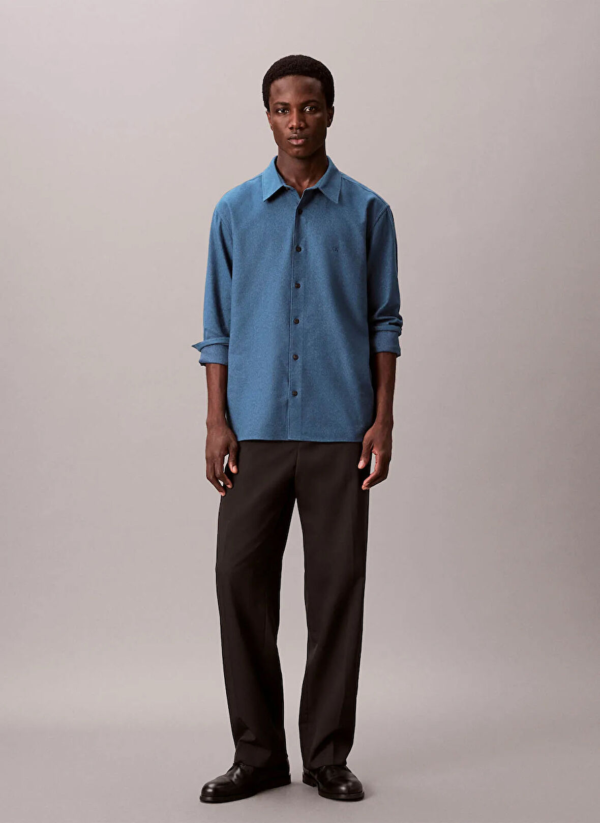 Calvin Klein Normal Gömlek Yaka Mavi Erkek Gömlek LV04LD119GROC_LS MELANGE FLANNEL EA