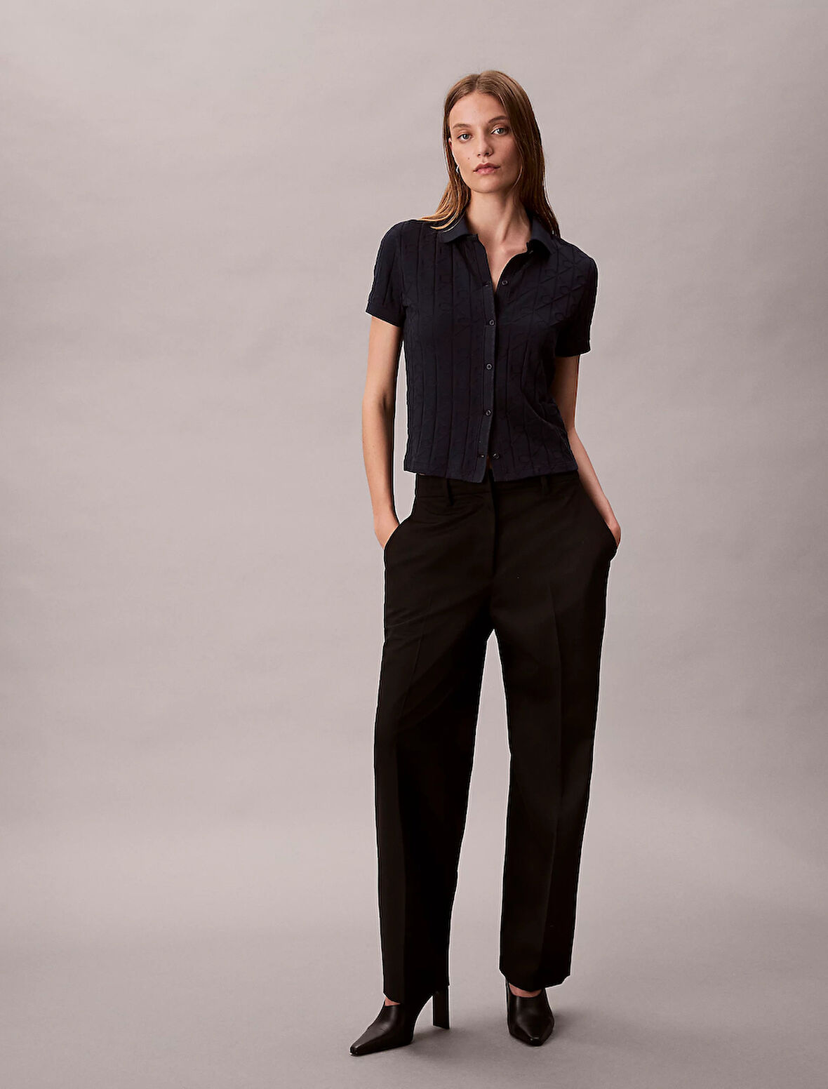 Calvin Klein Kısa Kollu Tamamı Baskılı Jakarlı Polo Kadın Mavi T-shirt LV044D209G-CEF