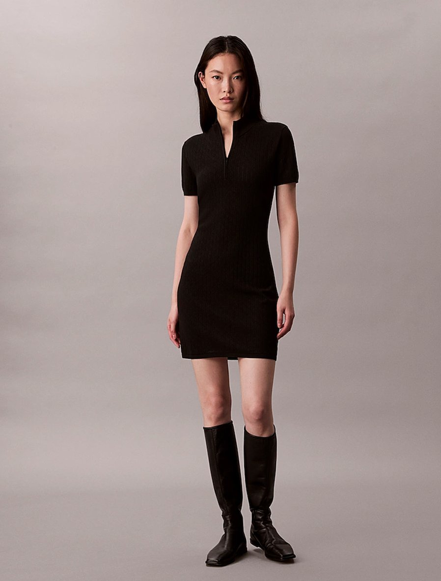 CALVIN KLEIN Kadın Marka Etiketli Bisiklet Yaka Ve Kısa Kollu Şık Görünüşlü Günlük Kullanıma Uygun Siyah Elbise LV044D309G UB1