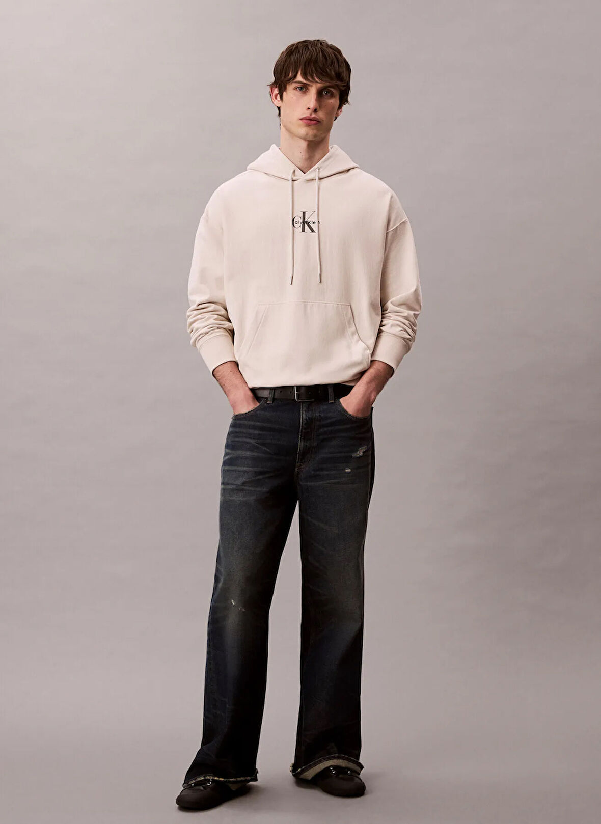 Calvin Klein Jeans Kapüşon Yaka Krem Erkek Sweatshırt LV04RC281G67U PREMIUM TERRY MICRO M