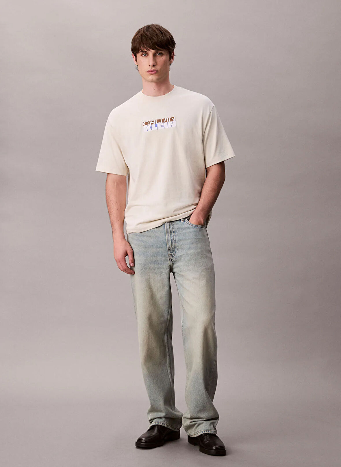 Calvin Klein Jeans Bisiklet Yaka Baskılı Krem Erkek T-Shirt LV04RD808GYAE SS 16S TC CALVIN KLEI