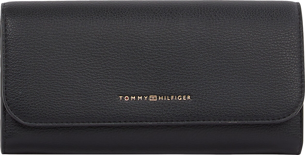TOMMY HILFIGER Kadın Marka Logolu Pürüzsüz Deri Üst Kısımlı  Şık Görünüşlü İç Yan Fermuarlı  Mikrofiber Astarlı Siyah Cüzdan AW0AW17734 BDS