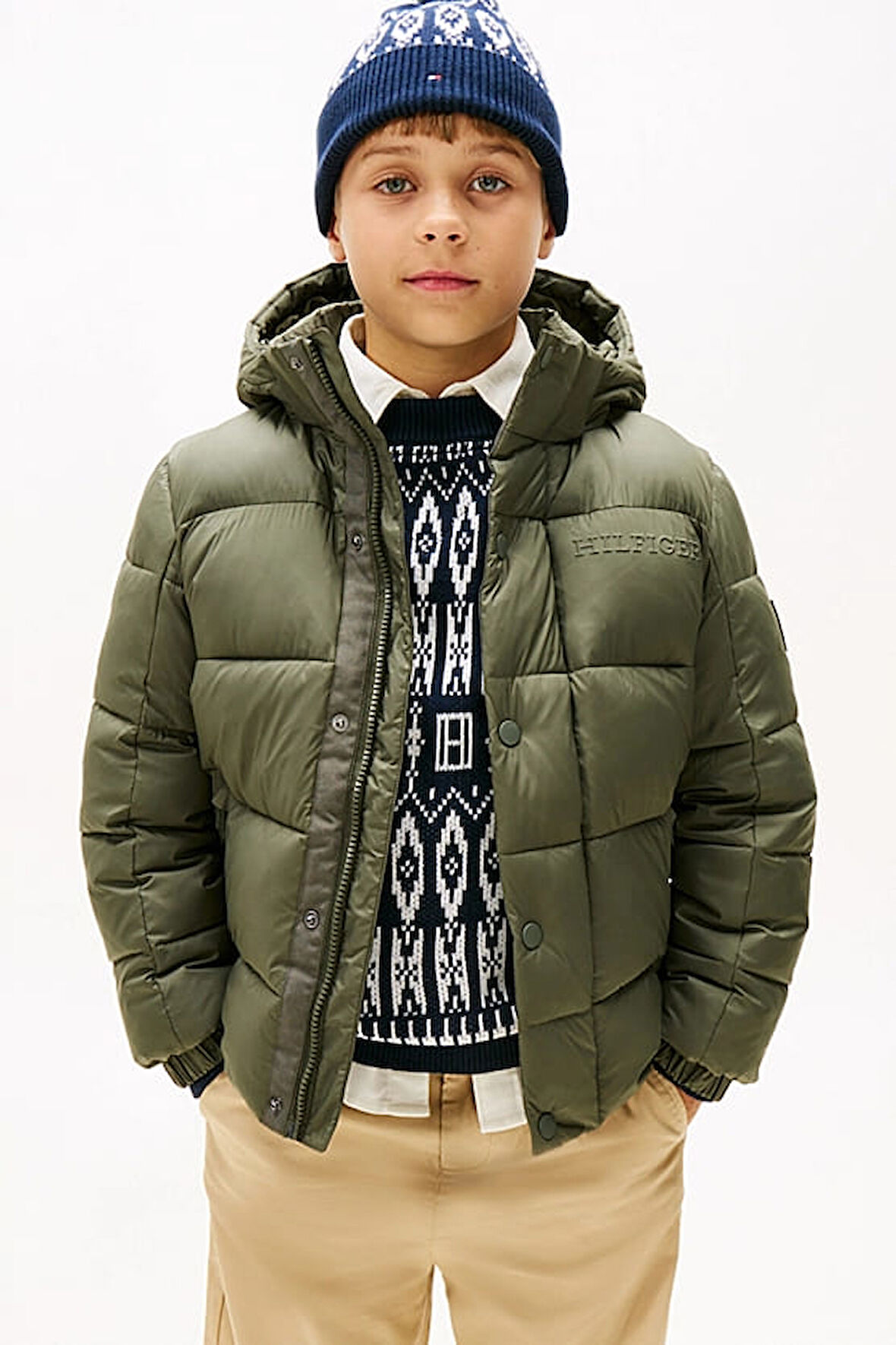 Erkek Çocuk Kabartma Yazı Logolu Kapüşonlu Şişme Mont - Haki | 10 Yaş