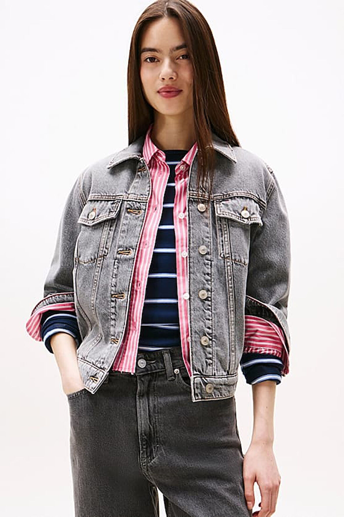 Kadın Rahat Kalıp Çok Cepli Jean Ceket - Eskitme Gri | L