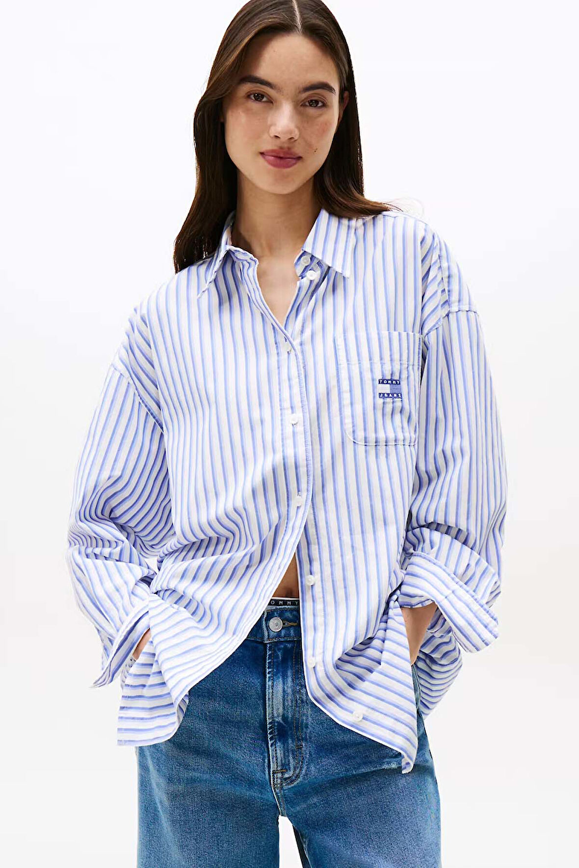Kadın Çizgili Uzun Kollu Pamuklu Gömlek – Mavi Beyaz | M