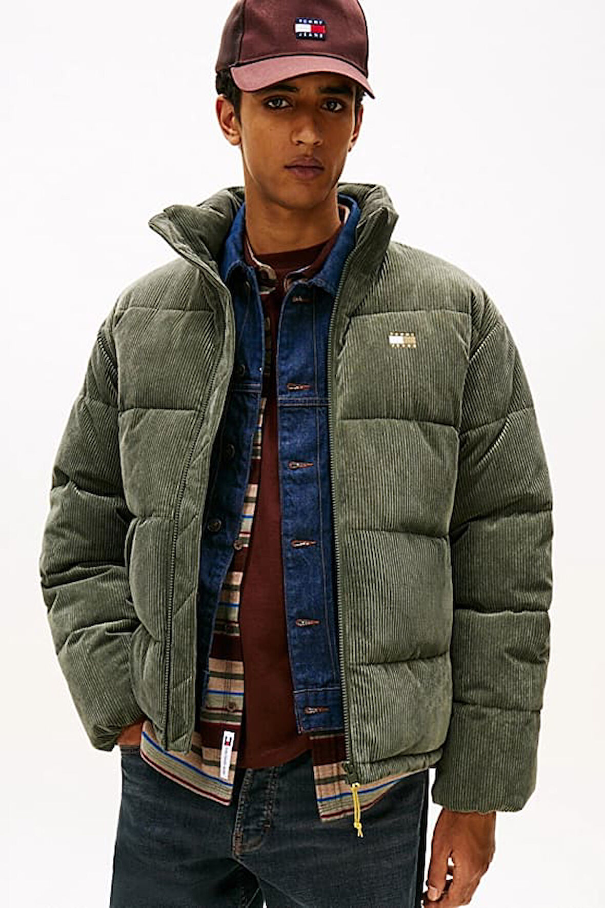 Erkek Rahat Kalıp Fitilli Kadife Şişme Mont - Haki | M