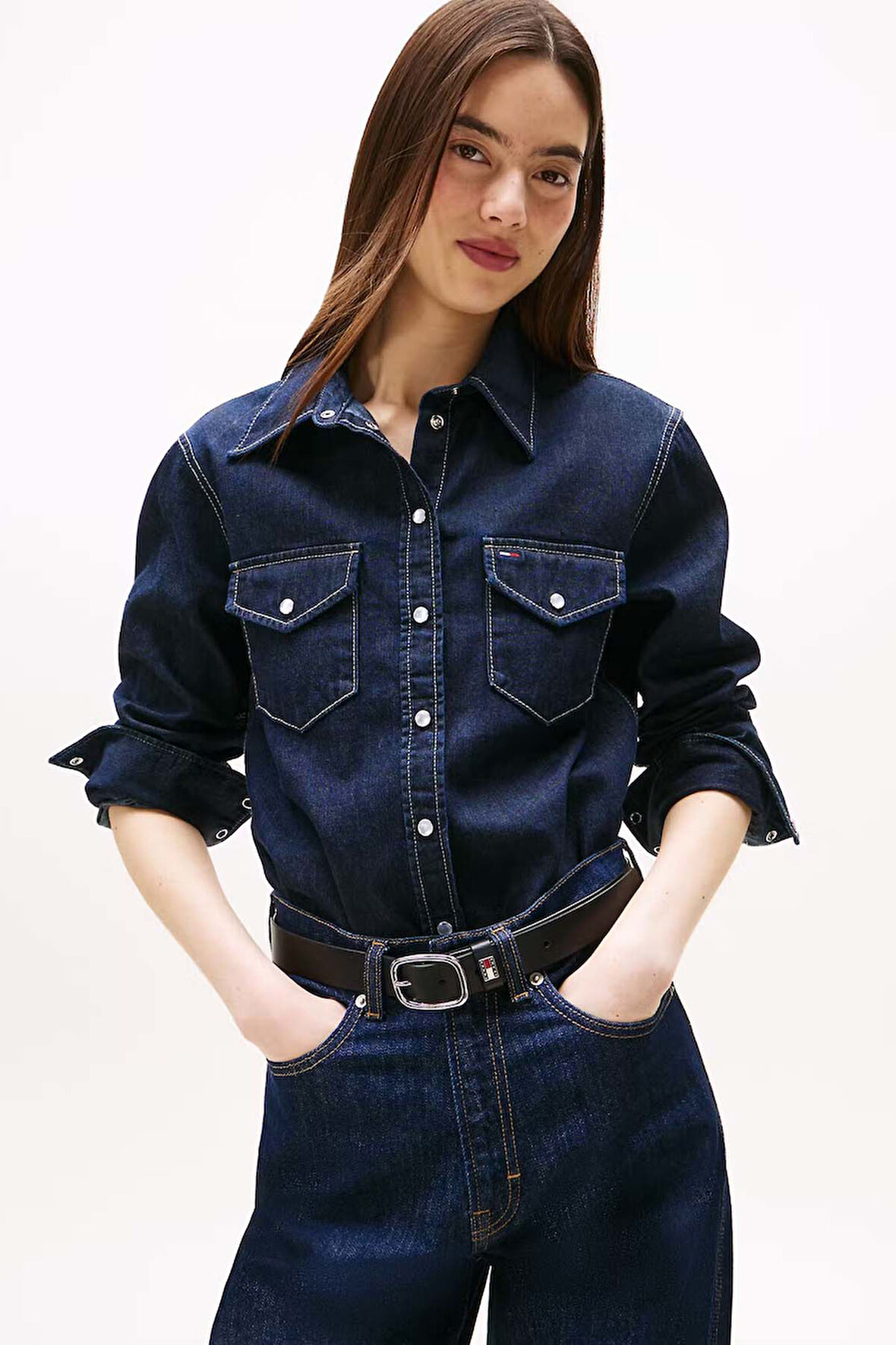 Kadın Uzun Kollu Denim Gömlek – Koyu Mavi | XS