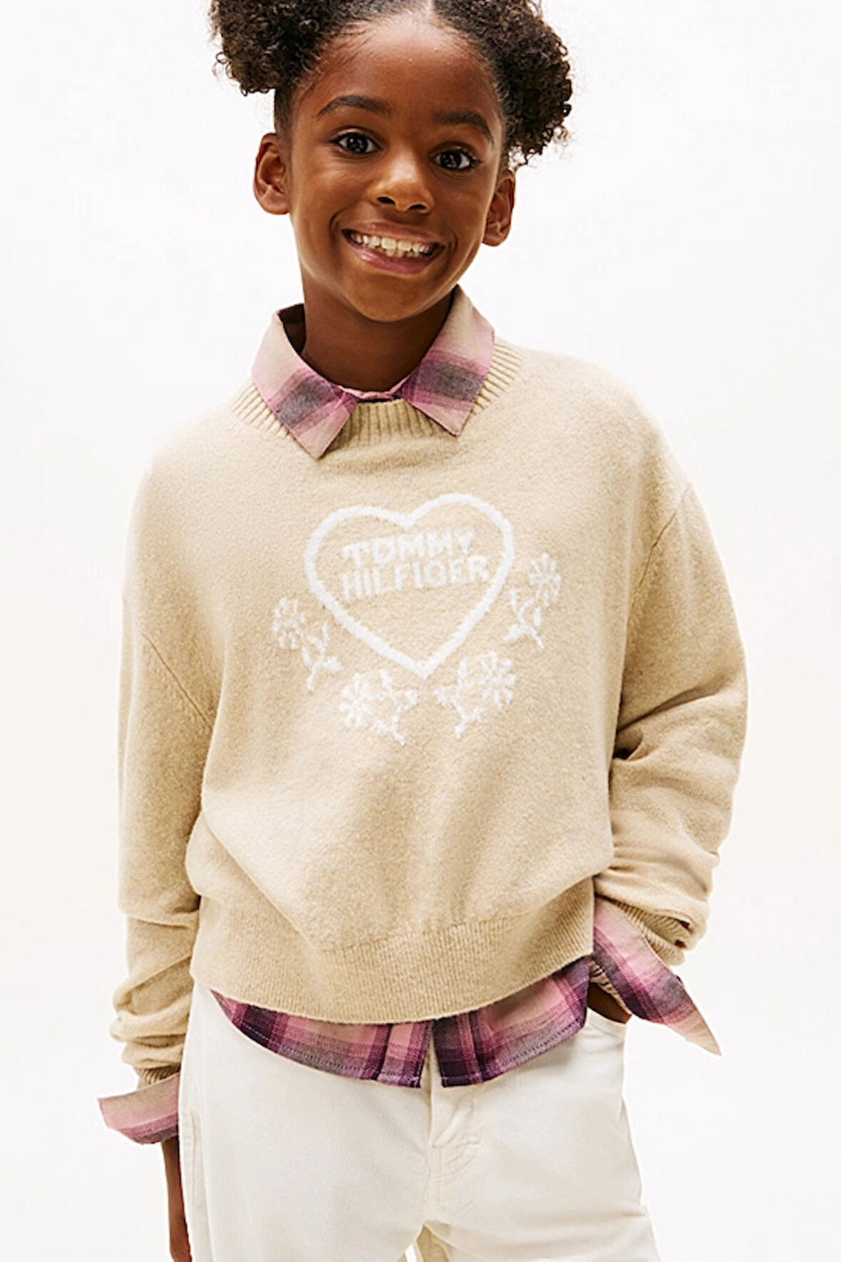 Kız Çocuk Rahat Kalıp Kalp Desenli Triko Kazak - Bej Melanj | 12 Yaş