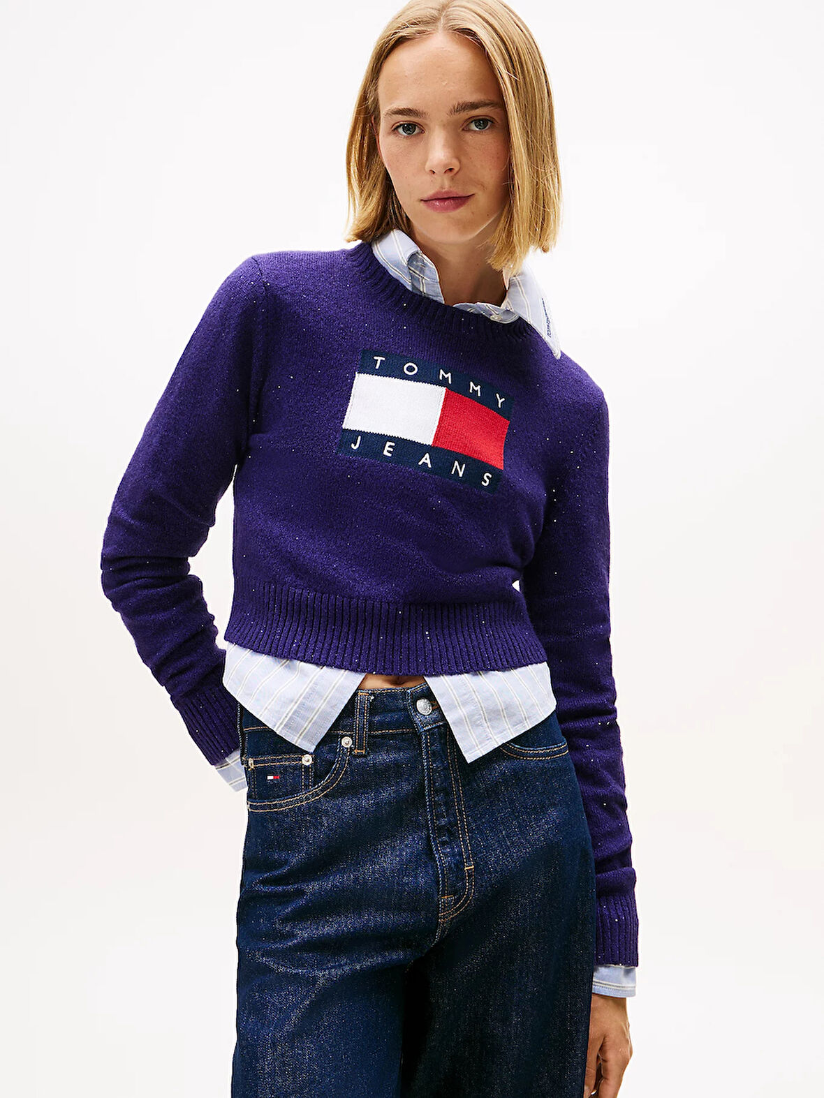 Tommy Hilfiger TJW Işıltılı Bayrak Desenli Kadın Mor Kazak DW0DW21690VLY