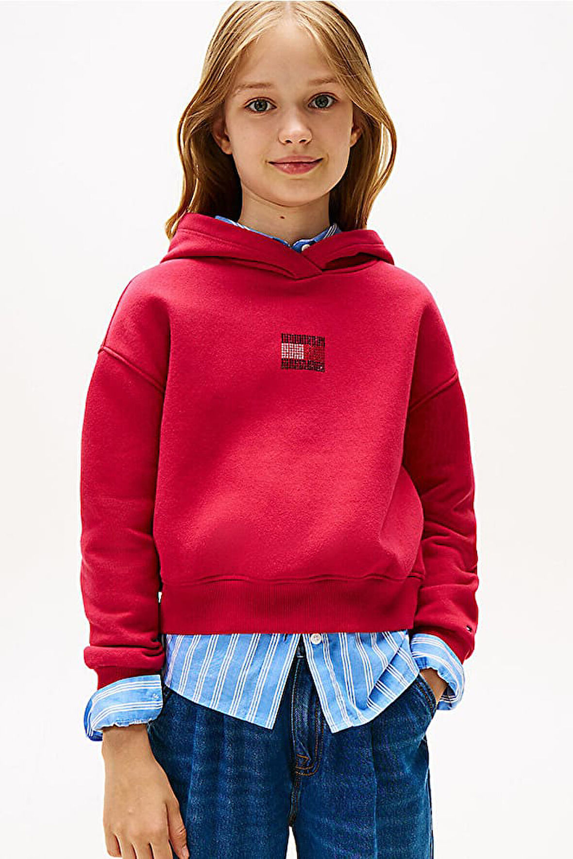 Kız Çocuk Rahat Kalıp Taşlı Amblemli Kapüşonlu Sweatshirt - Kırmızı | 12 Yaş