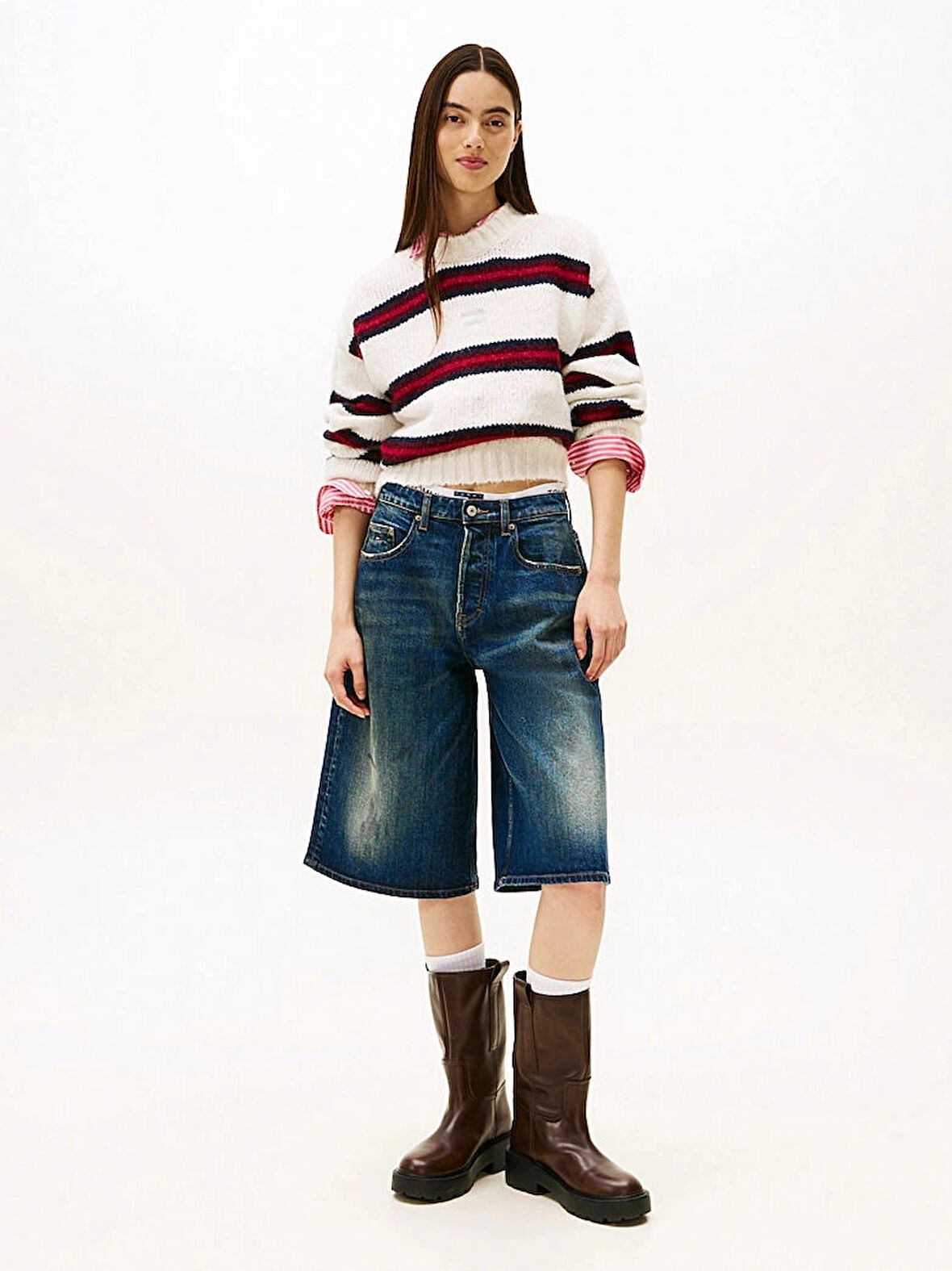 Tommy Hilfiger TJW Armalı Çizgili Yumuşak Kadın Beyaz Kazak DW0DW21679YBH