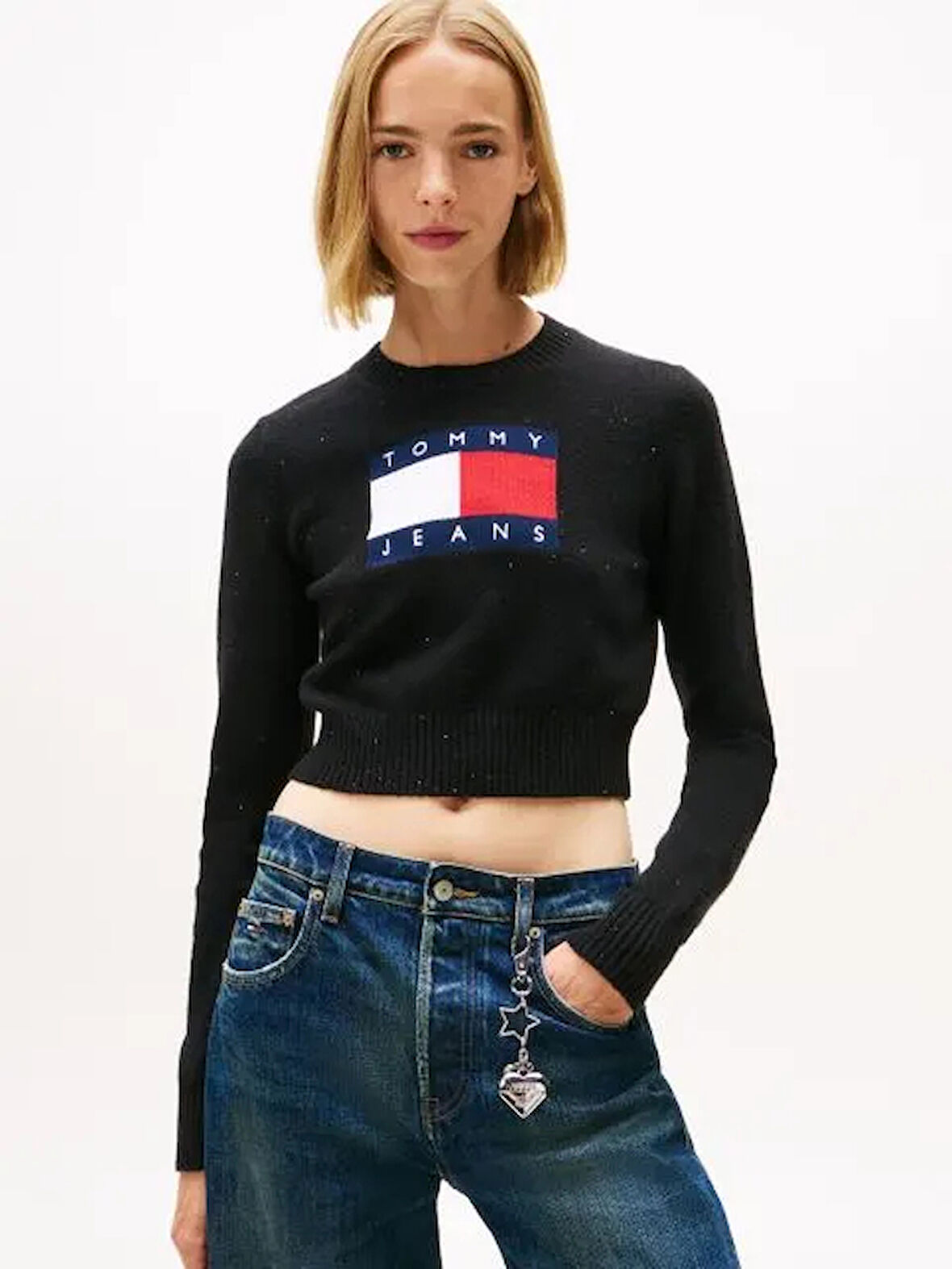 Tommy Hilfiger TJW Işıltılı Bayrak Desenli Kadın Siyah Kazak DW0DW21690BDS