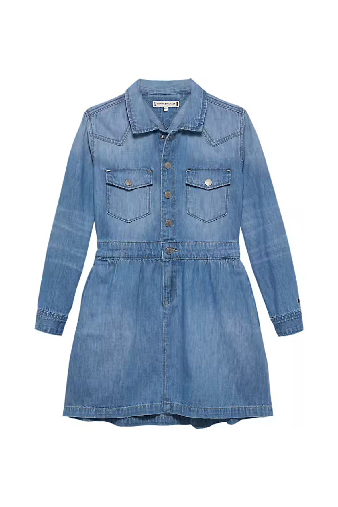 Kız Çocuk Beli Lastikli Gömlek Yaka Denim Elbise - Mavi | 14 Yaş