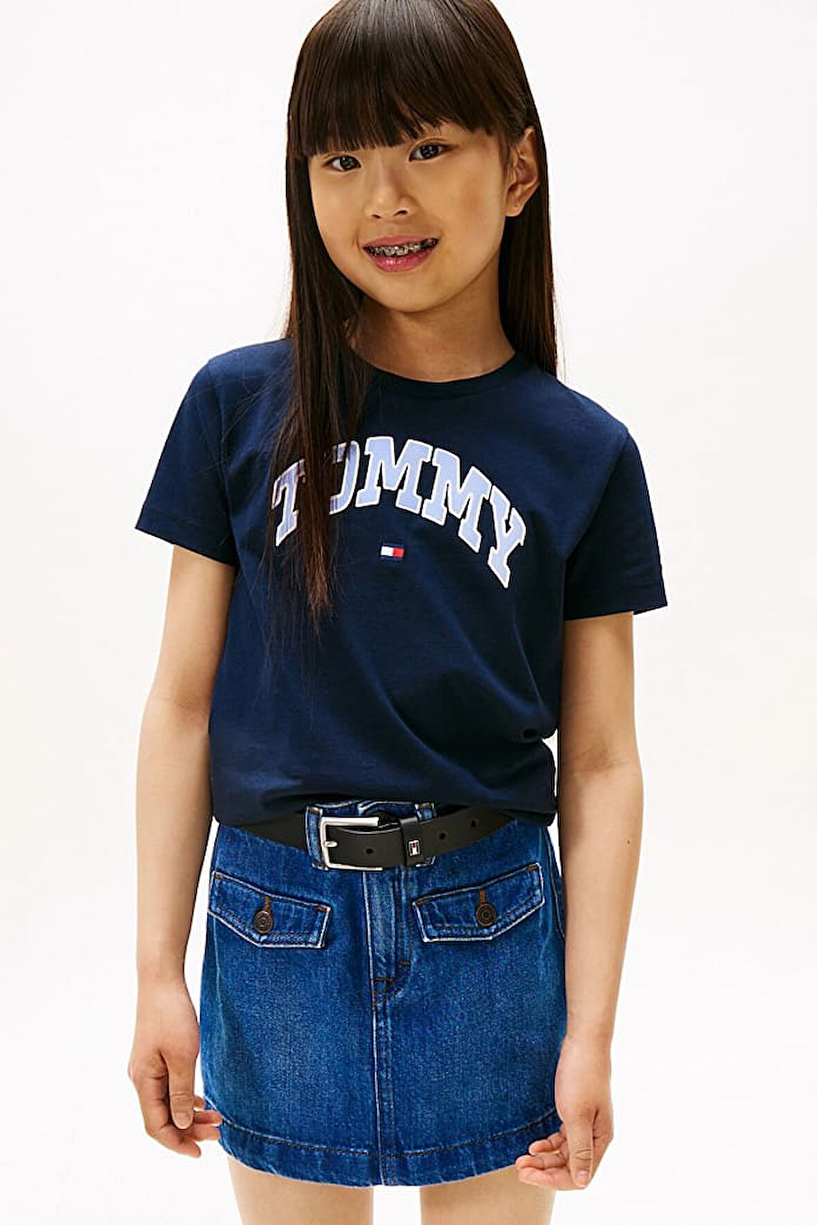 Kız Çocuk Saten Aplikeli Kolej Stili T-Shirt - Lacivert | 10 Yaş