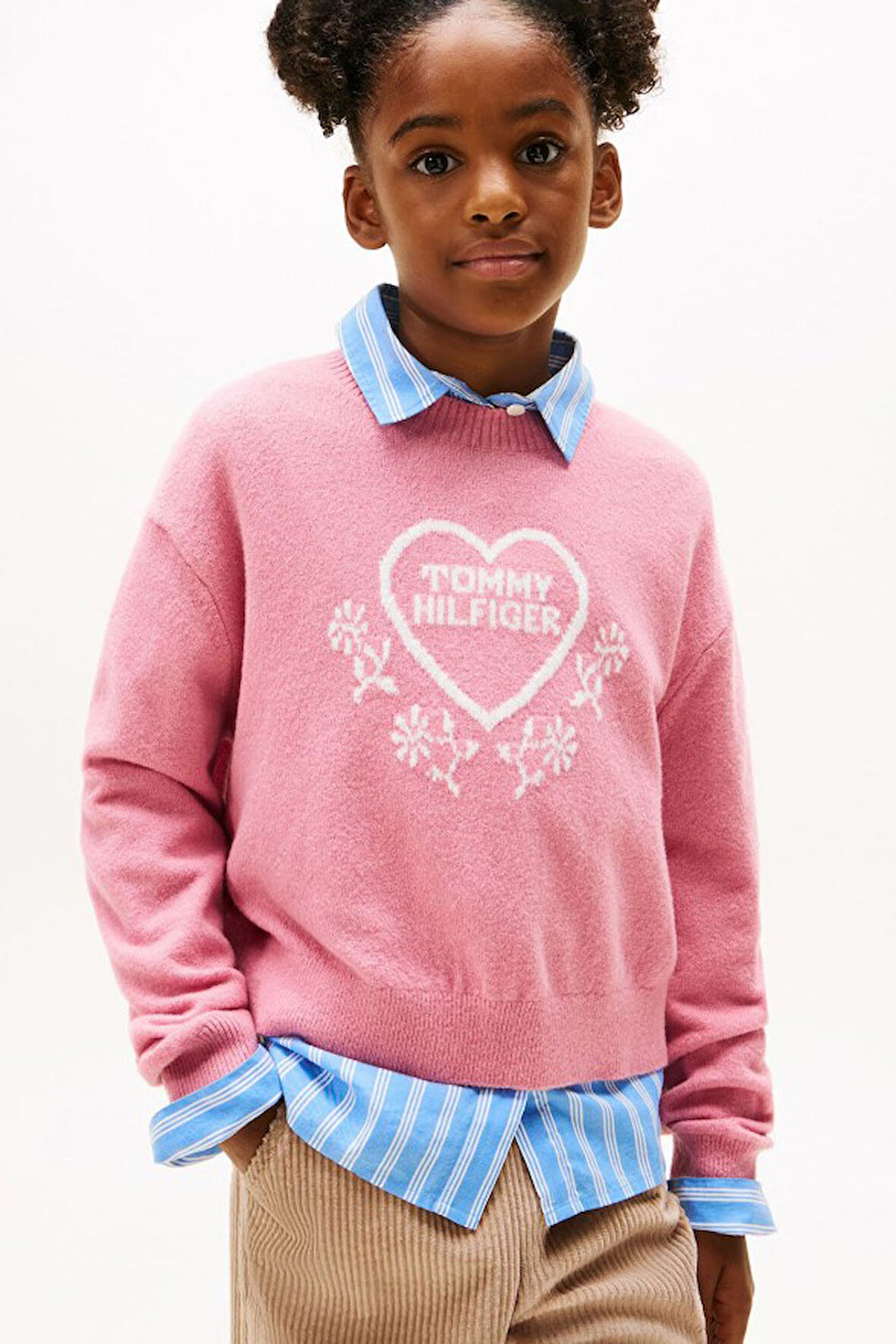 Kız Çocuk Rahat Kalıp Kalp Desenli Triko Kazak - Pembe | 10 Yaş