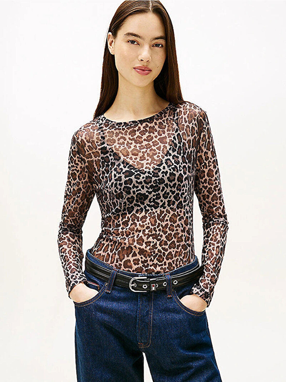 Tommy Hilfiger TJW Dar Kesim Tamamı Baskılı File Uzun Kollu Kadın Kahverengi T-shirt DW0DW215580HD