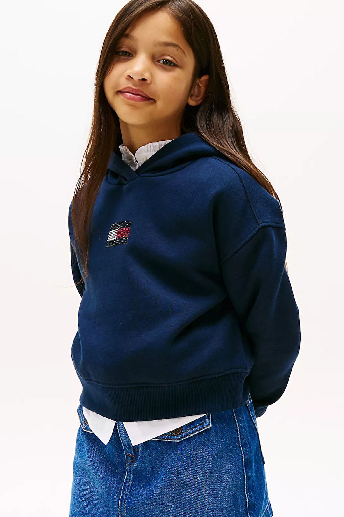 Kız Çocuk Rahat Kalıp Taşlı Amblemli Kapüşonlu Sweatshirt - Lacivert | 12 Yaş