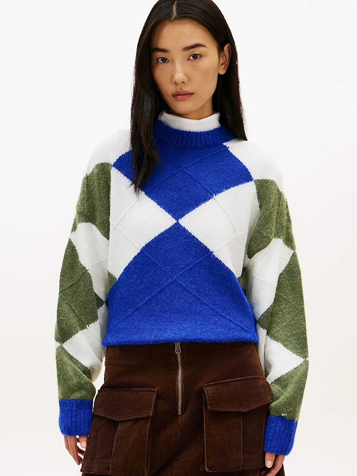 Tommy Hilfiger Alpaka Karışımlı Baklava Desenli Bisiklet Yaka Uzun Kollu Kadın Mavi Kazak WW0WW474640ZU