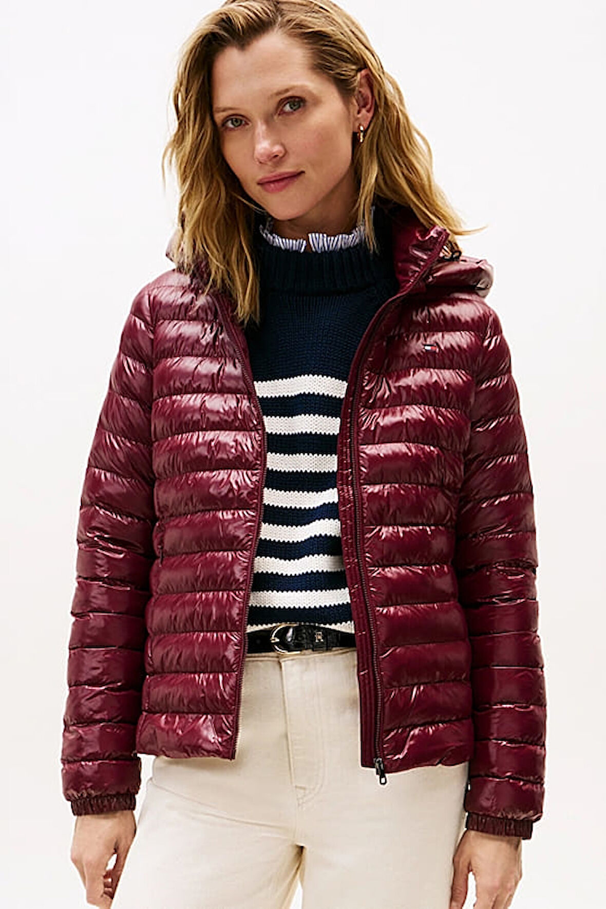 Kadın Slim Fit Gizli Kapüşonlu Şişme Mont - Bordo | S