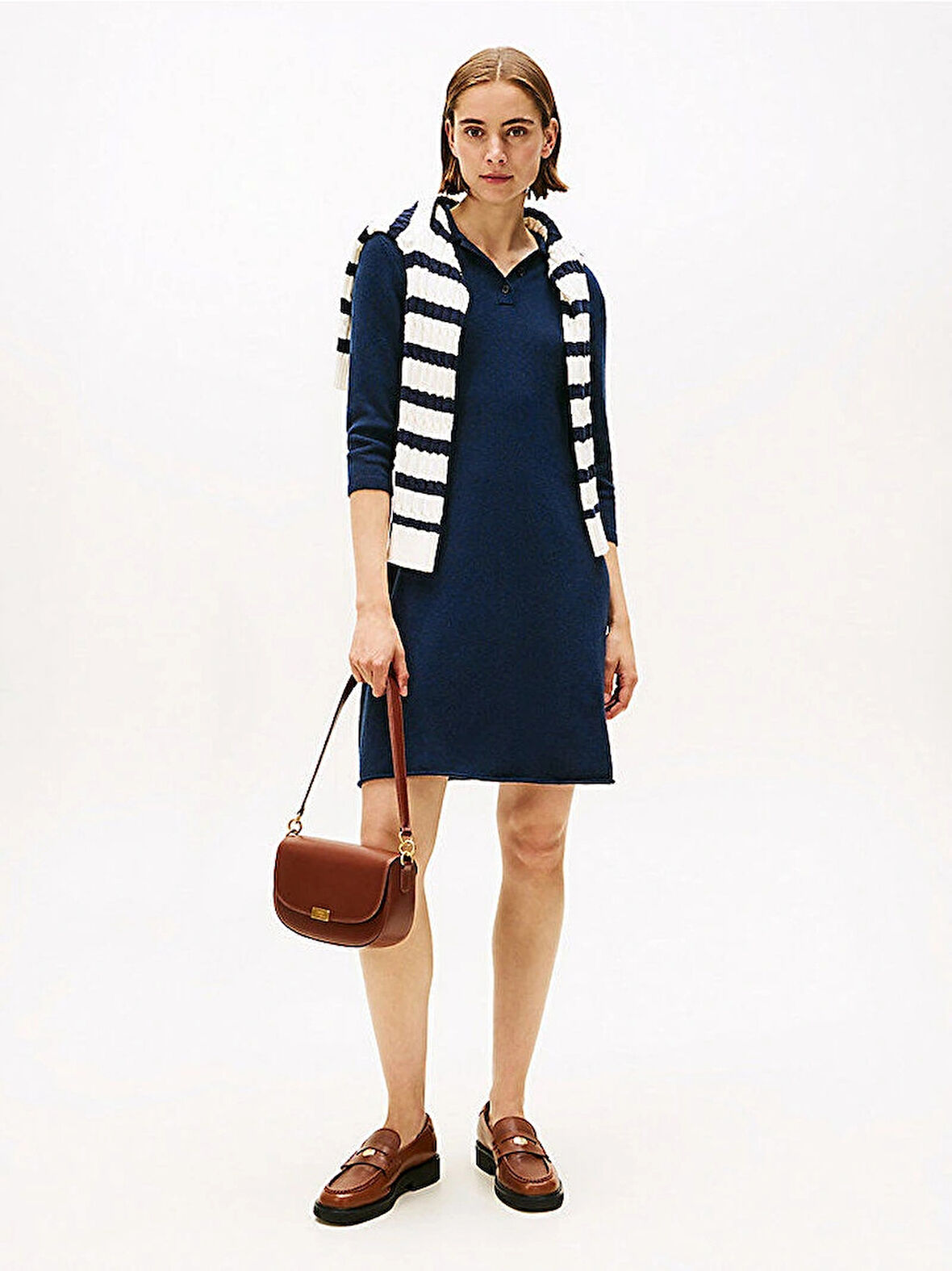 Tommy Hilfiger Yün Kaşmir Karışımlı Saç Örgülü Yarım Balıkçı Yaka Uzun Kollu Kadın Mavi Elbise WW0WW46430C1G