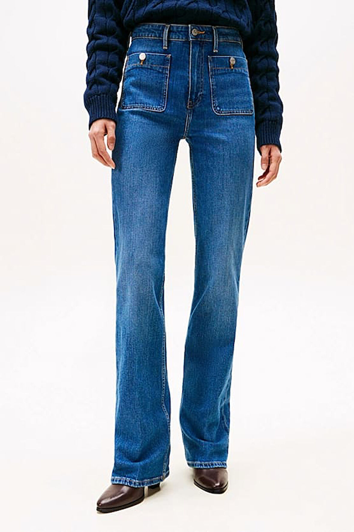 Kadın Bootcut Fit Yüksek Bel Düğmeli Yama Cepli Jean Pantolon - Mavi | 26/30